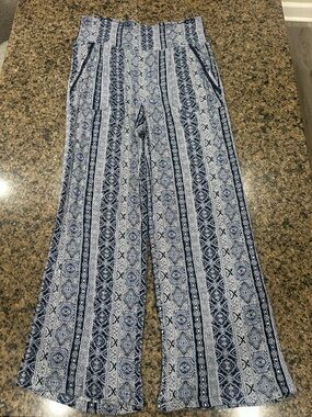 Three Dots Blue & White Print Wide-Leg Pants